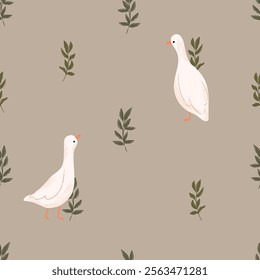 Seamless pattern with goose and floral. Vector farm animals background. Hand drawn goose illustration.