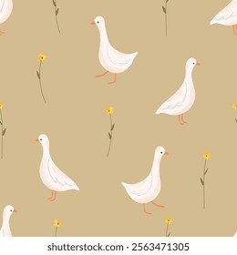 Seamless pattern with goose and floral. Vector farm animals background. Hand drawn goose illustration.