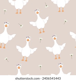 seamless pattern of goose with flower headband and white flower around ,vector ,illustration