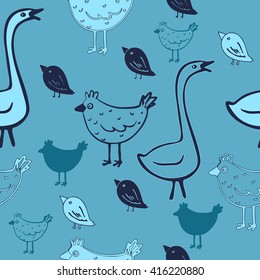 Seamless pattern with goose, hen and other little birds. Naive primitive stylization. Sketch stylization. Blue background.