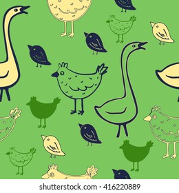 Seamless pattern with goose, hen and other little birds. Naive primitive stylization. Sketch stylization. Green background.