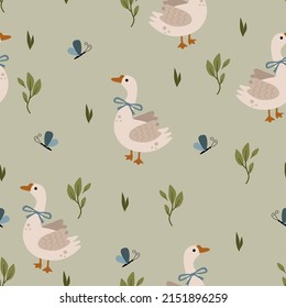 seamless pattern with goose and leaves