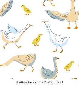 Seamless pattern with goose and little ducklings