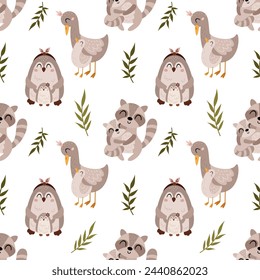 Seamless pattern with goose, raccoon, penguin, plants in cartoon flat style. Happy Mothers day digital paper perfect for scrapbook paper, decor, background, fabric. Hand drawn vector pattern