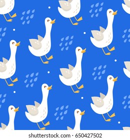 Seamless pattern with goose and raindrops on blue background. Ornament for textile and wrapping. Vector.