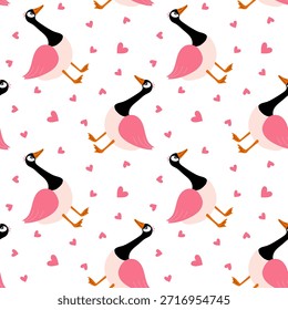 Padrão contínuo com ganso para o Dia dos Namorados, estilo de doodle desenhado à mão, tema de amor do Dia dos Namorados, corações e símbolos românticos, isolado no fundo branco, vetor