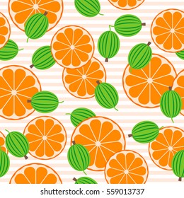 Seamless pattern with gooseberries and oranges. Fruit vector background.