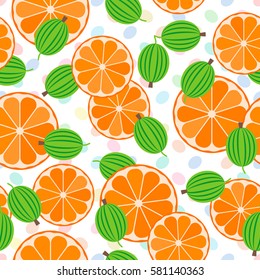seamless pattern with gooseberries and oranges. Fruit vector background.