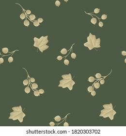 Patrón sin foco con bayas de arándano, hojas doradas sobre un fondo verde oscuro. Diseño de papel pintado, fondo, tela, textil, café, restaurante, resort, exótico, embalaje.