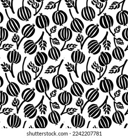 Seamless pattern with a gooseberry in the doodle style. Drawn by ink. Вerries are scattered on the background. Монохромный креативный ботанический дизайн для обоев, оберточной бумаги, фона, ткани.