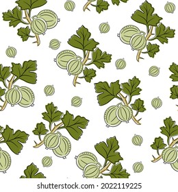 Seamless pattern with gooseberry on  white background. Vector illustration of  branch with berries and green leaves in cartoon flat style.