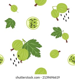 Seamless pattern with gooseberry on white background. Vector illustration of branch with berries and green leaves in cartoon flat style.