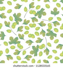 Seamless pattern of gooseberry's branches and single berrys and leaves on white background