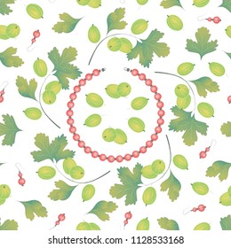 Seamless pattern of gooseberry's branches and single berrys and leaves with red necklace and earrings on white background