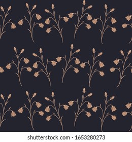 Seamless pattern from gorgeous bluebell flowers and buds on navy background for summer theme.Cute spring floral backdrop.For covers, fabric,wrapping paper,wallpaper,stationery.Vector flat illustration