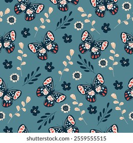 Seamless pattern with gorgeous butterflies and flowers isolated on white background. Decoration for wrapping paper or wallpaper. Design with flying moths. Endless colorful flat vector illustration