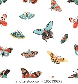 Seamless pattern with gorgeous flying butterflies. Design for wallpaper or wrapping. Backdrop with beautiful moths for printing. Endless background. Hand drawn colorful flat vector illustration