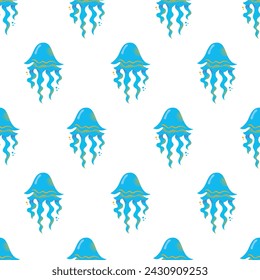 Seamless pattern gorgeous marine animals jellyfish isolated on white background. Bundle sea jellies medusa of various types. Ocean fauna, aquatic creatures. Flat cartoon colorful vector illustration.