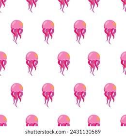 Seamless pattern gorgeous marine animals jellyfish isolated on white background. Bundle sea jellies medusa of various types. Ocean fauna, aquatic creatures. Flat cartoon colorful vector illustration.