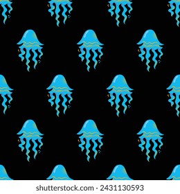 Seamless pattern gorgeous marine animals jellyfish isolated on black background. Bundle sea jellies medusa of various types. Ocean fauna, aquatic creatures. Flat cartoon colorful vector illustration.