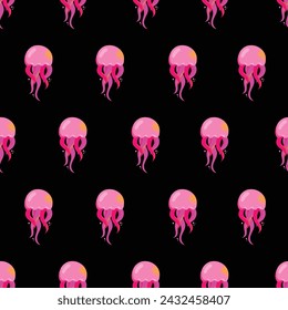 Seamless pattern gorgeous marine animals jellyfish isolated on black background. Bundle sea jellies medusa of various types. Ocean fauna, aquatic creatures. Flat cartoon colorful vector illustration.