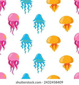 Seamless pattern gorgeous marine animals jellyfish isolated on white background. Bundle sea jellies medusa of various types. Ocean fauna, aquatic creatures. Flat cartoon colorful vector illustration.