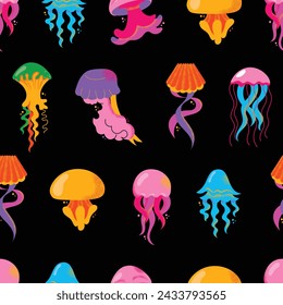 Seamless pattern gorgeous marine animals jellyfish isolated on black background. Bundle sea jellies medusa of various types. Ocean fauna, aquatic creatures. Flat cartoon colorful vector illustration.