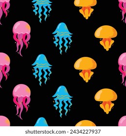 Seamless pattern gorgeous marine animals jellyfish isolated on black background. Bundle sea jellies medusa of various types. Ocean fauna, aquatic creatures. Flat cartoon colorful vector illustration.