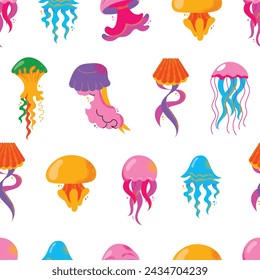 Seamless pattern gorgeous marine animals jellyfish isolated on white background. Bundle sea jellies medusa of various types. Ocean fauna, aquatic creatures. Flat cartoon colorful vector illustration