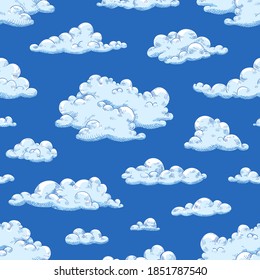 Seamless pattern with gorgeous natural cloudscape. Repetitive background with fluffy clouds or cury cumulus. Vector hand drawn illustration of beautiful sky view