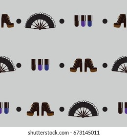 Seamless pattern with goth accessories on grey background. Subculture creative design in dark colors. Pattern based on black fan, high platform shoes and dark nail polish bottles