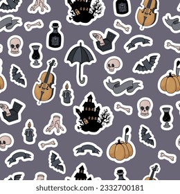 Seamless pattern gothic Halloween. Spooky house, bats, rum, cello, hand thing, pumpkin and skulls with bones on gray background. Vector illustration in sticker style for festive design.