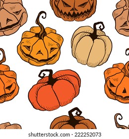 Seamless pattern with Gothic hand-drawn angry or smiling pumpkins