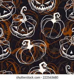 Seamless pattern with Gothic hand-drawn angry or smiling pumpkins