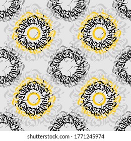 Seamless pattern of gothic quotes circular compositions. Decorative seamless background from letters of the Gothic alphabet.