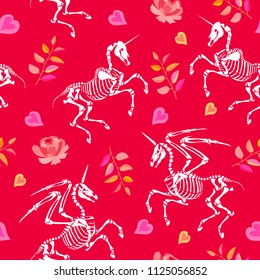 Seamless pattern. Gothic St. Valentine's Day. Skeletons of Unicorns and Pegasus among flowers, leaves and hearts. Love of mythical creatures. Romance and gothic.