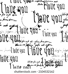 Seamless pattern Gothic Text I love you, hand written words.Sketch, doodle, lettering, hearts, happy valentines day. Vector illustration pink background