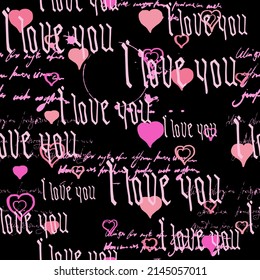 Seamless Pattern Gothic Text I Love You, Hand Written Words.Sketch, Doodle, Lettering, Hearts, Happy Valentines Day. Vector Illustration Pink Background