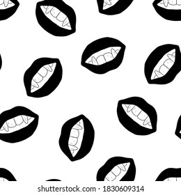 Patrón sin foco con los labios de una mujer gótica. Ilustración vectorial dibujada a mano sobre un fondo blanco.