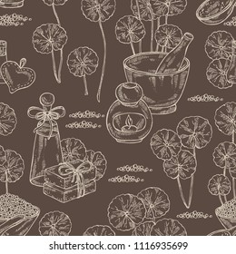 Seamless pattern with gotu kola: branch of gotu kola. Centella asian. Oil, soap and bath salt . Cosmetics and medical plant. Vector hand drawn illustration
