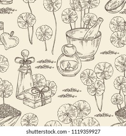 Seamless pattern with gotu kola: branch of gotu kola. Centella asian. Oil, soap and bath salt . Cosmetics and medical plant. Vector hand drawn illustration