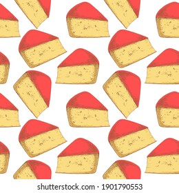 Seamless Pattern with Gouda cheese isolated on white background. Dairy products. For printing wrapping paper, packaging, fabric. Hand Drawn vector illustration.