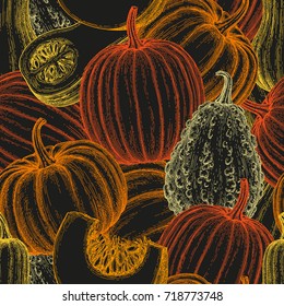 Seamless pattern with gourd, pumpkin and butternut squash