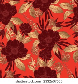 Seamless pattern with gpld wild flowers on the red background. Vector.