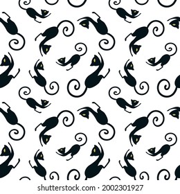 Seamless pattern with a graceful black cat bent its back. Black and white vector endless texture.