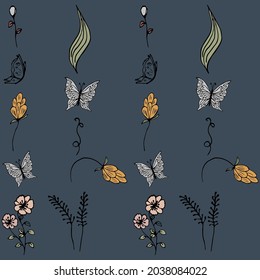 seamless pattern of graceful flowers and butterflies on a dark blue background