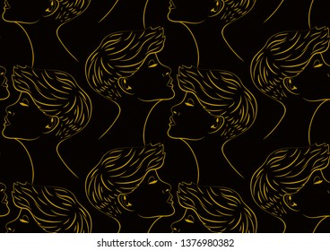 Seamless pattern. Graceful golden women's profiles on a black background. Vector illustration