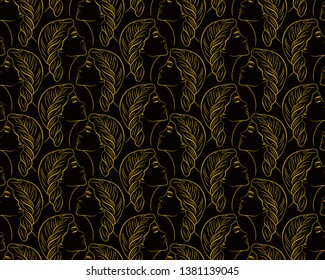 Seamless pattern. Graceful golden women's profiles on a black background. Vector illustration