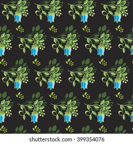 Seamless pattern. Graceful green sprigs and wildflower s on a black background.Vector illustration.