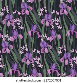 Seamless pattern with graceful iris flowers, leaves, elegant wild meadow. Beautiful floral print, feminine botanical background with delicate hand drawn plants. Vector illustration.